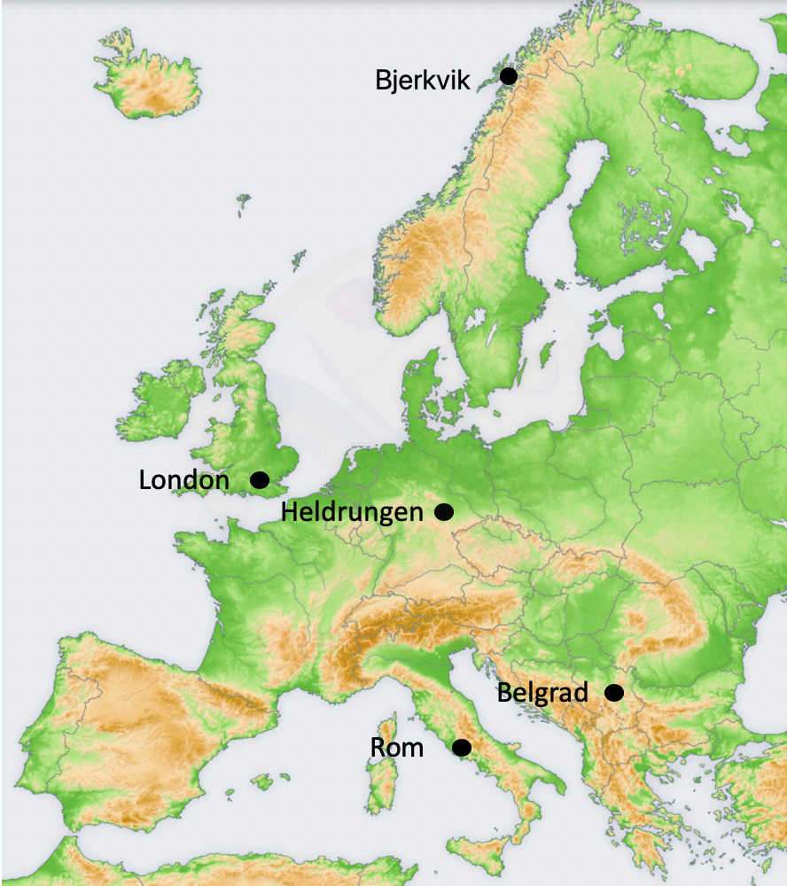 Europakarte mit den bisherigen Konzertreisen der Rhein-Main-Vokalisten